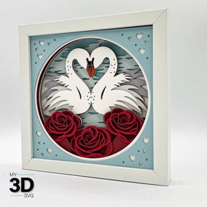 Swans and Roses Framed 3D Shadow Box, Handmade Gift, Multiple Colors, Valentines, Custom
