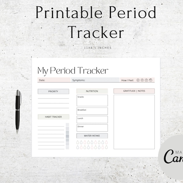 Printable Period Tracker, Symptom Tracker, Habit Tracker, Nutrition Tacker, Printable Calendar 11. 8.5 Inches