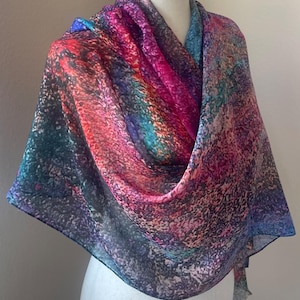 Organic Modal Silk Designer Scarf Wrap. A vibrant and ethereal scarf adorned with a mesmerizing cosmic landscape. Gift Boxed, Eco Friendly