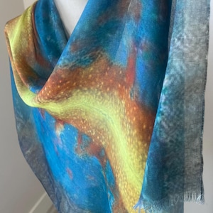 Organic Modal Silk Designer Scarf Wrap. A vibrant lightning bolt, captured in vivid hues,crackles across the fabric Eco friendly Gift Boxed