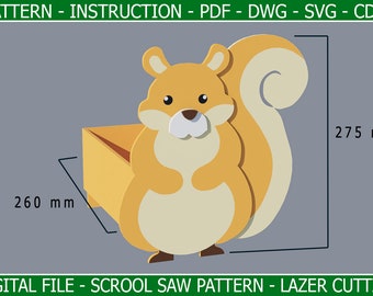 Projekt DIY doniczki w kształcie zwierzątka wiewiórki - Wzór wyrzynarki - Cięcie laserowe - Drewniana doniczka - plik cyfrowy svg pdf dxf cdr Glowforge