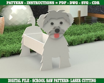 Pflanzkasten mit Malteser-Hund-Motiv – Dekorativer Pflanztopf – Schnittmuster – Anleitung – Laubsägevorlage – Laserschneiden – Glowforge – Digitale Dateien