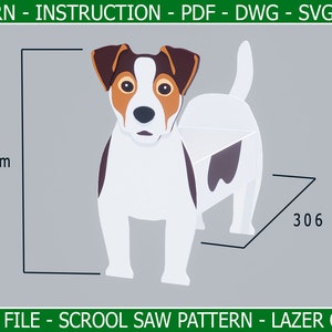 May include: A digital file for a scroll saw or laser cutting pattern of a Jack Russell Terrier dog. The pattern is 361 mm tall and 306 mm wide.