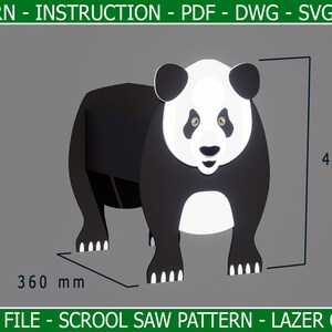 Puede incluir: Estante de madera con forma de panda blanco y negro con un ancho de 360 mm y una altura de 405 mm. El estante está diseñado para una sierra de calar o corte por láser.