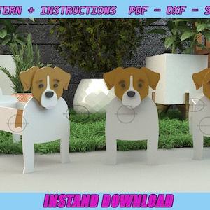 Jack Russel Blumentopf - Gartenverzierung - Haustier-Pflanzenkasten aus Holz - Dekupiersäge Muster - Laserschnitt - Digitale Datei - SVG - DXF - PDF
