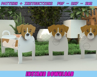 May include: Three white wooden planter boxes shaped like Jack Russell terriers. The planters have brown ears and spots. The planters are sitting on a green grassy surface. The text "INSTAND DOWNLOAD" is at the bottom of the image.