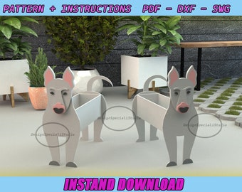 Bullterrier Blumenkasten, niedlicher Hund Blumentopf, Gartenverzierung, Haustier aus Holz, Laserschnitt, digitale Datei, SVG, DXF, PDF