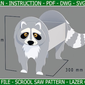 Puede incluir: Una caja de madera con forma de mapache gris y blanco, con una altura de 287 mm y una anchura de 300 mm. La caja está diseñada para corte por láser o sierra de calar.