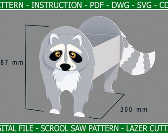 Racoon Planter DIY pdf - Animal Scroll Saw Pattern - Racoon Indoor Planter CDR - Laser Cutting SVG - Garden Ornament - Flower pot