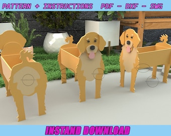 May include: Three wooden planter boxes shaped like golden retriever dogs. The planters are standing on a green grassy surface. The text "INSTAND DOWNLOAD" is at the bottom of the image.