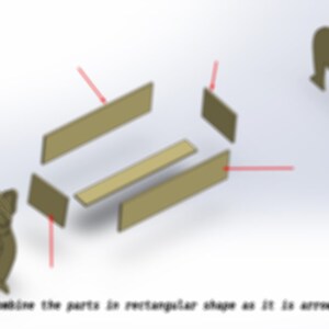 May include: Diagram showing how to assemble a rectangular box from five pieces of cardboard. The pieces are labeled with red arrows. The box is made up of four rectangular pieces and one square piece.