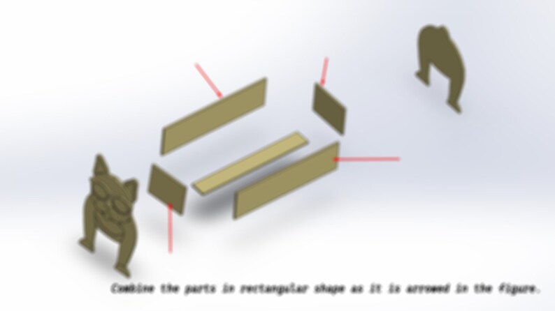 May include: Diagram showing how to assemble a rectangular box from five pieces of cardboard. The pieces are labeled with red arrows. The box is made up of four rectangular pieces and one square piece.