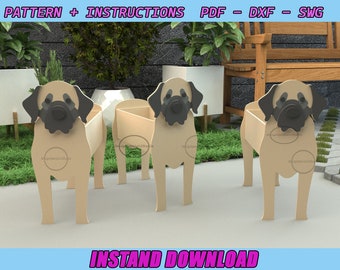 Englische Mastiff Pflanze - Dekupiersäge Muster - Gartenverzierung - Haustier aus Holz - Blumentopf - Laser schneiden digitale Datei, SVG, DXF, PDF