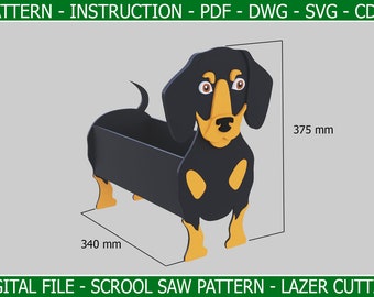 Dackel Hund Pflanzer Basteln - Holzpflanzer - Gartenverzierung - Holz Haustier - Holzverzierung - Laserschnitt - SVG, DXF, PDF