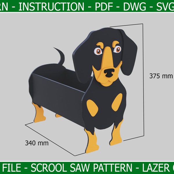 Dachshund Dog Planter Diy - Plantador de madera - Adorno de jardín - Mascota de madera - Adorno de madera - Corte por láser - SVG, DXF, PDF