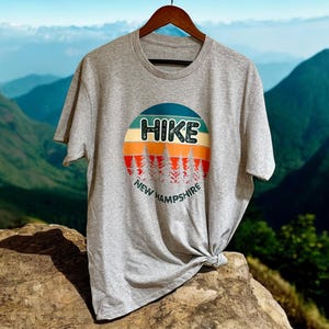 Hike New Hampshire Retro Sunset T-Shirt, outdoor adventurer gift, New England, hike the mountains, trail hiker, NH souvenir, Mt Monadnock