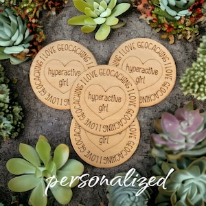 Geocaching Personalized Swag Tokens Wooden Nickels Pack - Multiple Size Options - Customizable Back -  I love geocaching w/ YOUR cache name