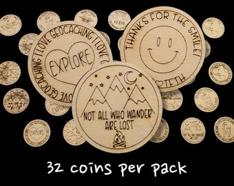 Geocaching Swag Tokens – Wooden Nickels, 32 Pack