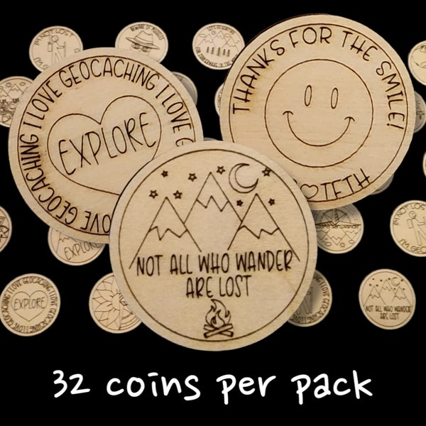 Geocaching Swag Tokens Wooden Nickels - Pack of 32 coins - Customizable / Personalize - I love geocaching and more