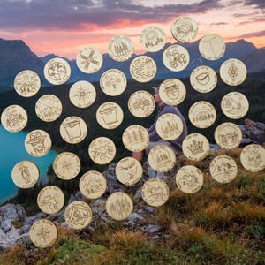Geocaching Swag Tokens Wooden Nickels - Pack of 40 coins - Customizable / Personalize - fun and interesting designs