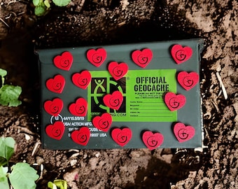 Geocaching Swag Hearts (25 pack) for coins, swag, gift, ftf prizes, events