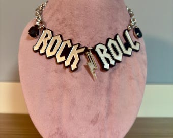 Lightning bolt necklace, Rock Roll necklace, methacrylate mirror necklace, steel chain necklace, adjustable rocker necklace