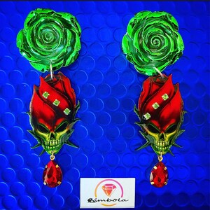 Pendientes Calavera skull earrings queen earrings Pendientes reversibles pendientes Halloween pendientes rosas pendientes flores