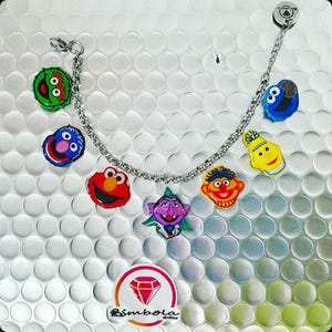 May include: A silver bracelet with colorful Sesame Street character charms. The charms include Big Bird, Elmo, Cookie Monster, Bert, Ernie, and Oscar the Grouch.