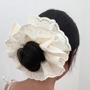 Beige Hair Scrunchies with Lace, Handmade Hair Tie, Double Layer Hair Scrunchies, Hair Accessory