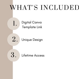 May include: What's Included: 1. Digital Canva Template Link, 2. Unique Design, 3. Lifetime Access