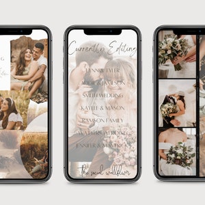 May include: A collage of images on a phone screen. The top image says "NOW BOOKING". The middle image is a collage of photos of a couple. The bottom image says "SNEAK PEEK".