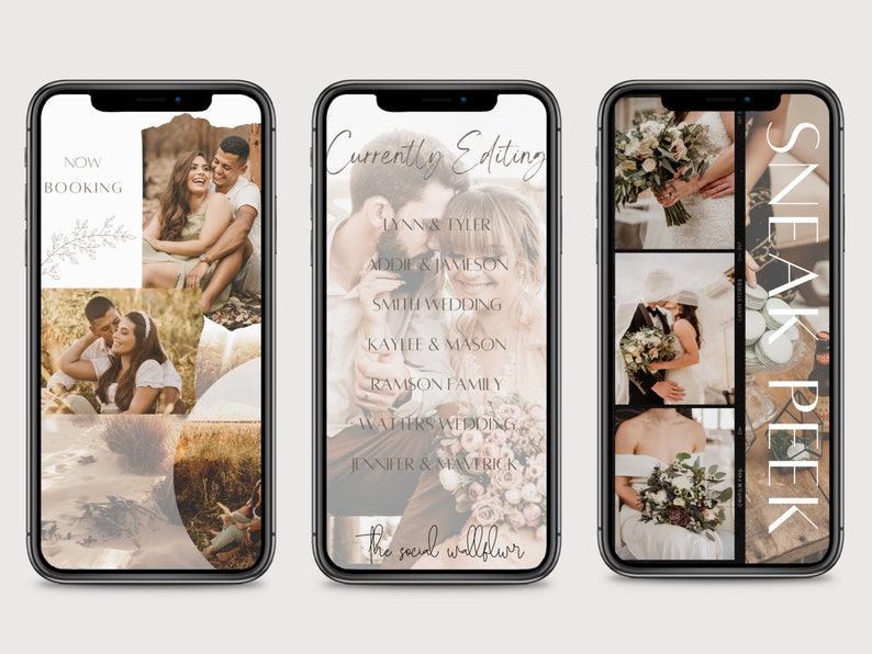 May include: A collage of images on a phone screen. The top image says "NOW BOOKING". The middle image is a collage of photos of a couple. The bottom image says "SNEAK PEEK".