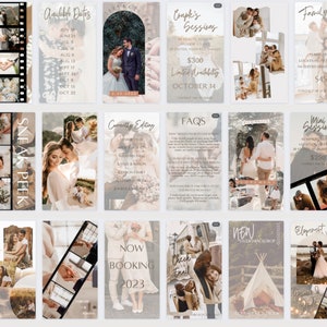 May include: A collage of images promoting photography services. The images feature couples, families, and individuals in various settings. The text includes information about different types of sessions, pricing, and availability.  The text also includes the phrase "Sneak Peek", "Now Booking 2023", "Couple's Sessions", "Family Sessions", "Mini Sessions", "New Silhouetted Backdrop", "Elopement Vibes", "Currently Editing", "FAQs", "Available Dates", and "Check Email".