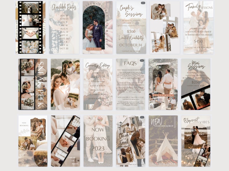 May include: A collage of images promoting photography services. The images feature couples, families, and individuals in various settings. The text includes information about different types of sessions, pricing, and availability.  The text also includes the phrase "Sneak Peek", "Now Booking 2023", "Couple's Sessions", "Family Sessions", "Mini Sessions", "New Silhouetted Backdrop", "Elopement Vibes", "Currently Editing", "FAQs", "Available Dates", and "Check Email".