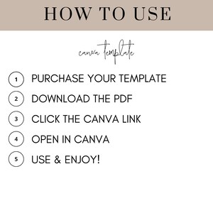 May include: A white background with black text outlining how to use a Canva template. The steps are numbered 1 through 5: Purchase your template, Download the PDF, Click the Canva link, Open in Canva, and Use & Enjoy!