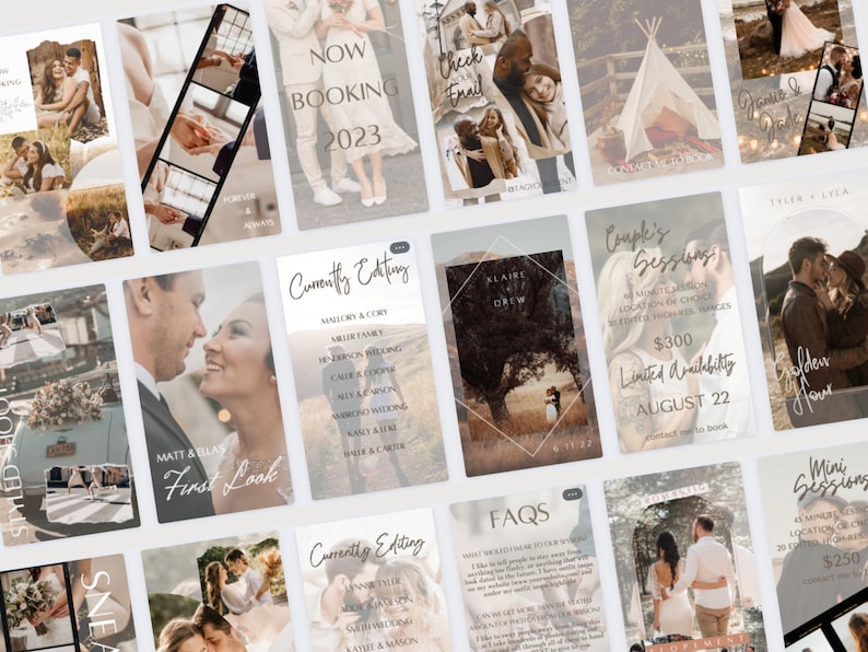 May include: A collage of images promoting wedding photography services. The images feature couples in various poses, including a first look, a couple standing in front of a tree, and a couple holding hands. The text on the images includes "Now Booking 2023", "Couple's Sessions", "Mini Sessions", "Currently Editing", and "FAQs".