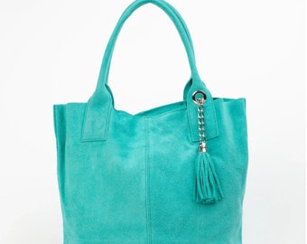 Shopper bag in Leather. Turquoise blue bag. Turquoise bag. Genuine Leather. Shoulder Leather bag.