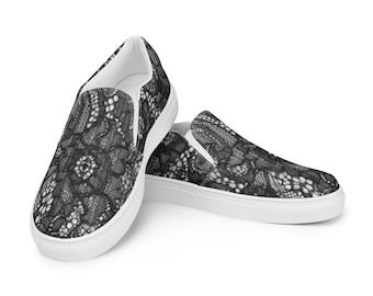 Women’s Tennis Shoe easy slip on canvas shoes casual comfortable walking girls fashion sneakers Cute black lace print pattern gift for her