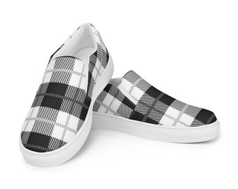 Damen Tennisschuhe bequemer Slip on Canvas lässiger bequemer Wanderschuh klassisch schwarz kariertes Druckmuster Damen Sommerschuhe Geschenk für sie