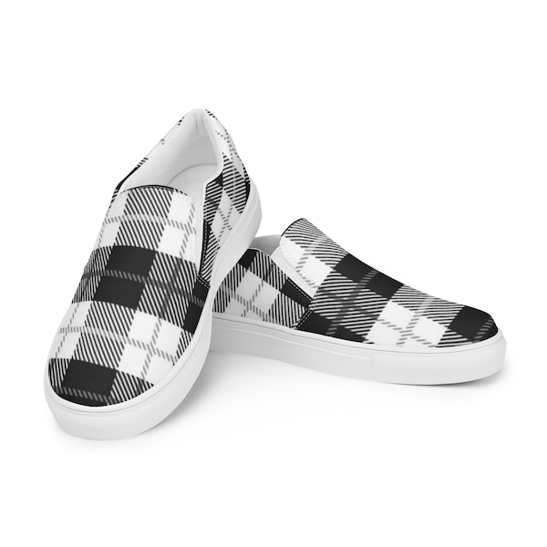 Women’s tennis shoes easy slip on canvas casual comfortable walking shoe classic black plaid print pattern ladies Summer shoes gift for her