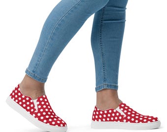Scarpe slip-on da donna in tela rosse a pois bianchi