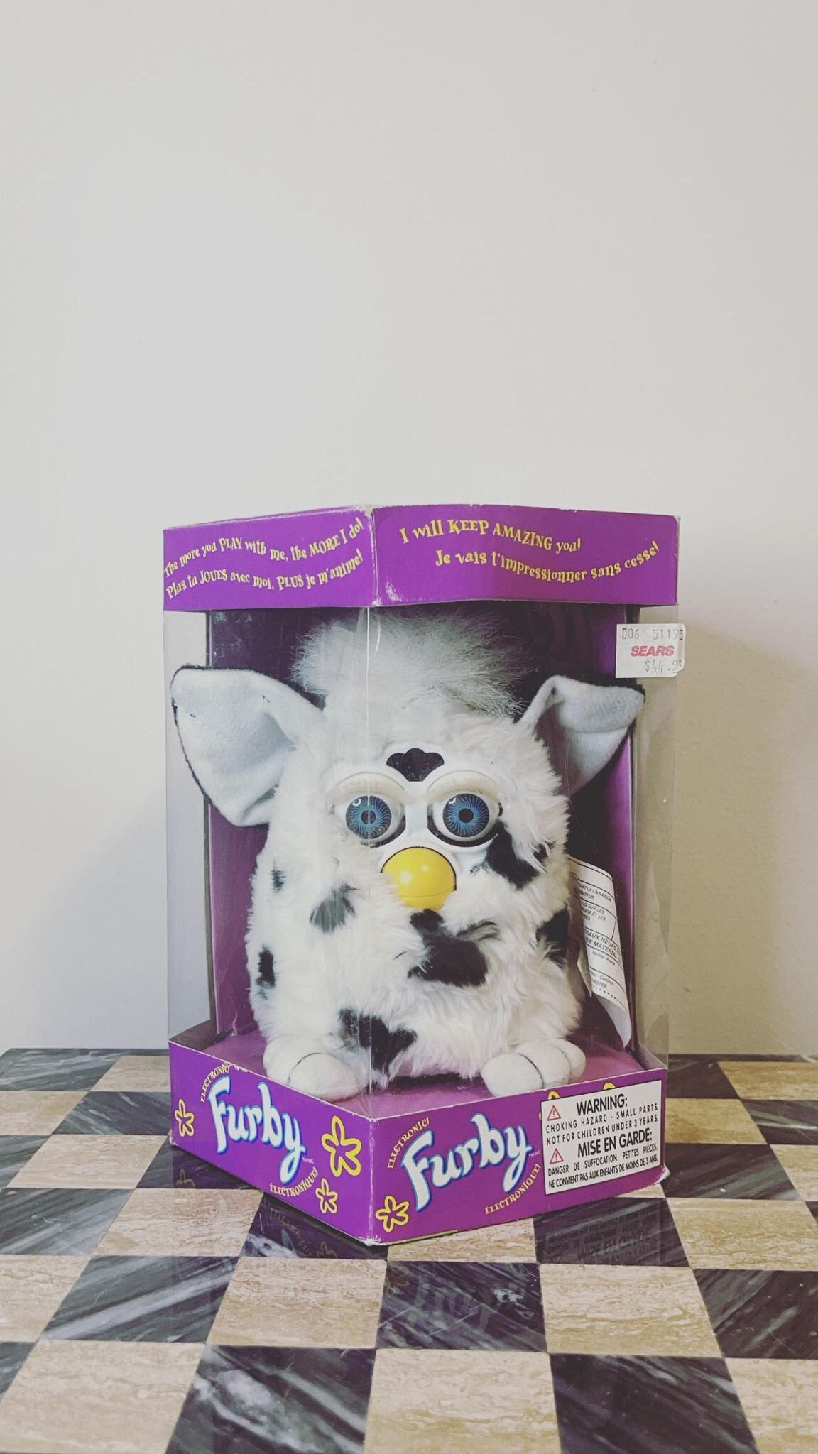 Furby 1998 Dalmatian Furby Plush Toy White and Black Spots Grey Eyes  Vintage Toy BOXED and RARE 
