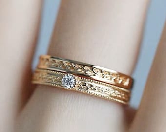 Gold Wheat Band Ring, Couple Rings, Wheat Ring, Wedding Ring Set, Moissanite Engagement Ring, Vintage Style Ring, Stacking Band, Art Nouveau