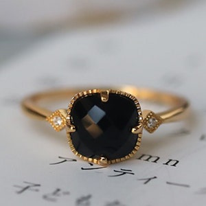 Gold Black Onyx Ring, Rose Cut Onyx Ring, Cushion Ring, Natural Gemstone Ring, Onyx Jewelry, Black Agate Jewelry, Black Stone Ring