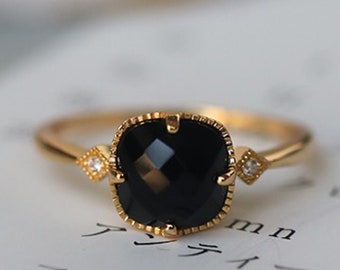 Gold Black Onyx Ring, Rose Cut Onyx Ring, Cushion Ring, Natural Gemstone Ring, Onyx Jewelry, Black Agate Jewelry, Black Stone Ring