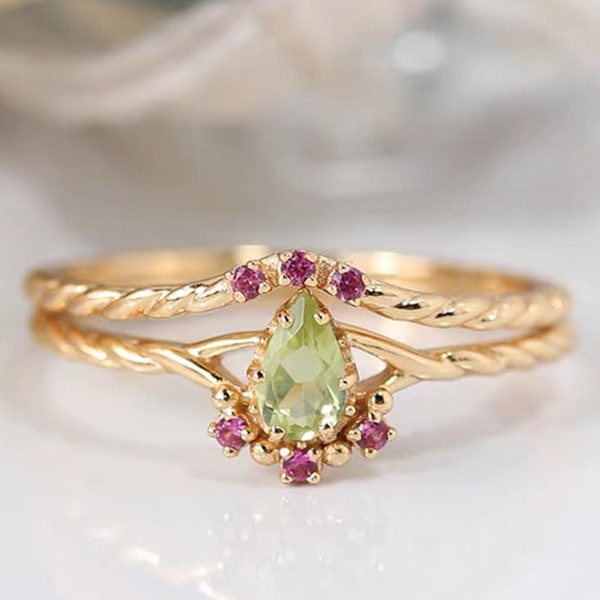 Gold Peridot Engagement Ring Set, Half Halo Ring, Peridot and Ruby Ring, Dainty Ring, Bridal Ring Set, Ruby Band Ring, 2 Ring Set, For Her