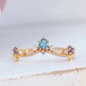 Gold Blue Topaz Ring, Crown Ring, Blue Ring, Natural Topaz Ring, Princess Ring, Promise Ring, Guard Ring, Stacking Ring, Wedding Ring