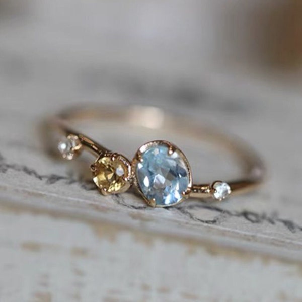 Gold Blue Topaz and Citrine Ring, Toi et Moi Ring, Oval Topaz Ring, 2 Stone Ring, Natural Gemstone Promise Ring, Duo Ring, Engagement Ring
