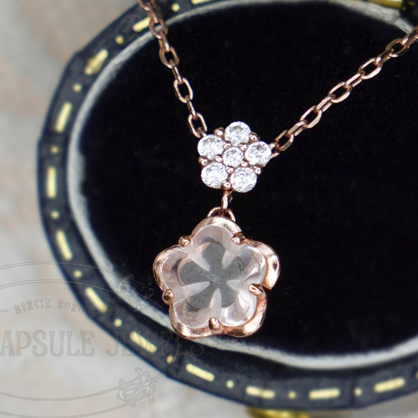 Cherry Blossom Pendant, Flower Necklace, Flower Pendant, Floral Necklace, Sakura Necklace, Rose Quartz Necklace, Pink Stone, Spring Jewelry