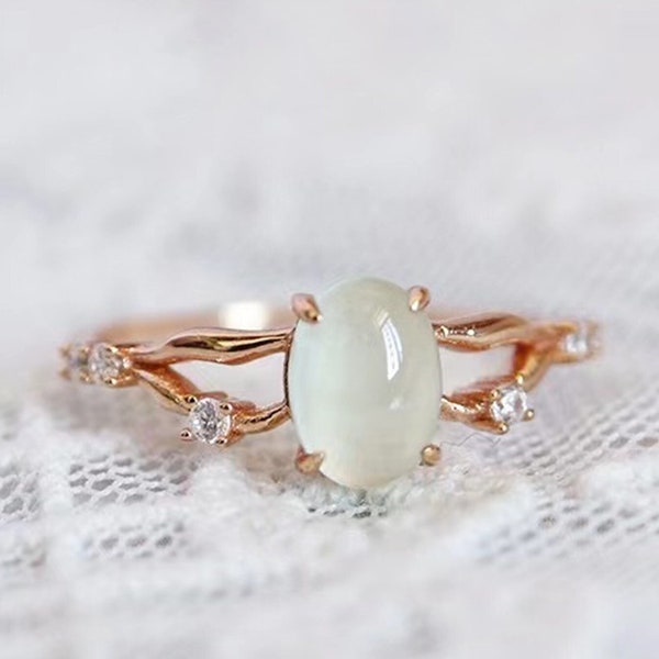 Gold Prehnite Ring, Natural Gemstone Ring, Branch Ring, Green Crystal Ring, Nature Jewelry, Vintage Style Ring, Rose Gold Ring, Oval Ring